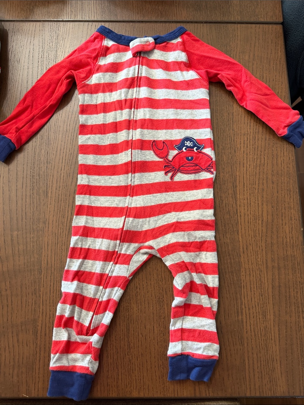 Carter's Red & Cream Striped Footed One-Piece with Pirate Crab Applique